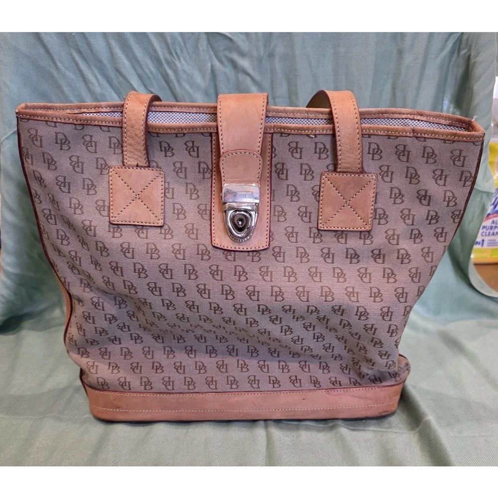 Dooney & Bourke Vintage Brown Monogram Tote Shoulder Bag Purse Leather Canvas